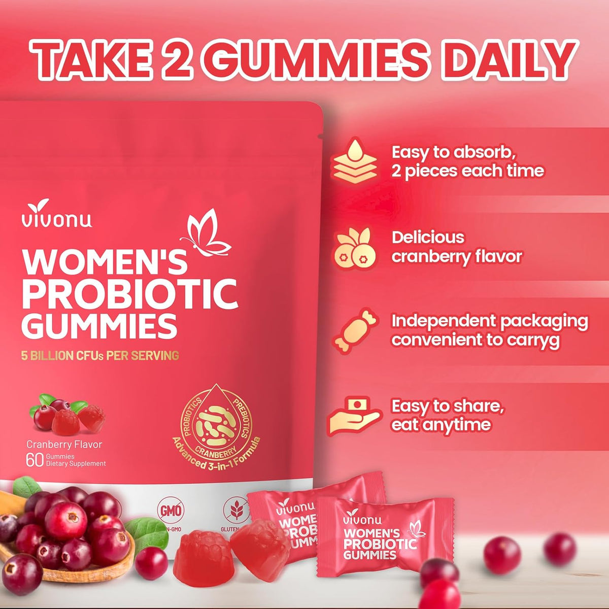 VivoNu Feminine Balance Probiotic Gummies for Women – Yeast & pH Balance Support with Cranberry & Prebiotics | Vegan, Gluten-Free, Halal | 60 Gummies-Shop
