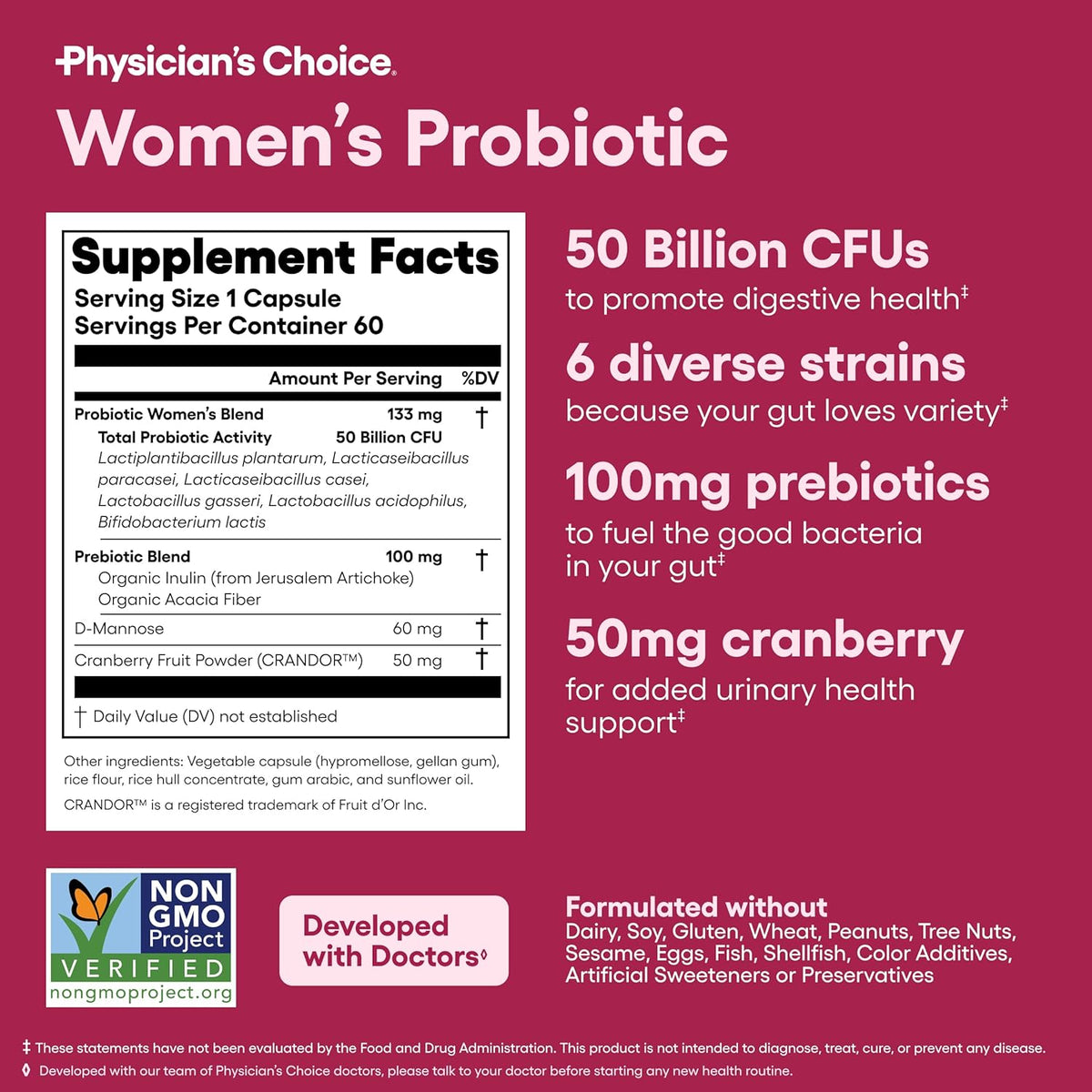 Physician's Choice Probiotics - PH Balance, Digestive, UT, & Feminine Health - 50 Billion CFU - 6 Unique Strains for Women - Organic Prebiotics, Cranberry Extract+ - Probiotic - 60 CT-Shop