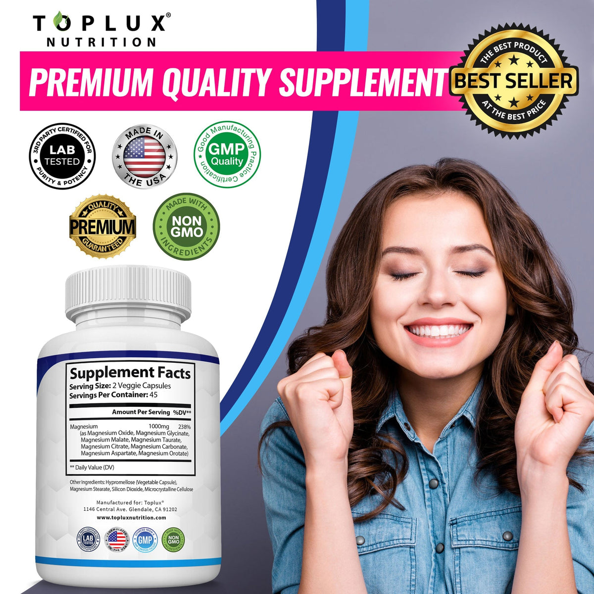 Toplux Magnesium Complex 8 Elemental Magnesium Supplement 1000mg Glycinate, Citrate, Malate, Taurate