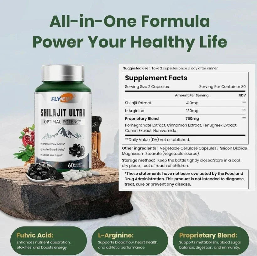Flynew with L-Arginine, Shilajit Extract Shilajit Ultra Optimal Potency, Pure