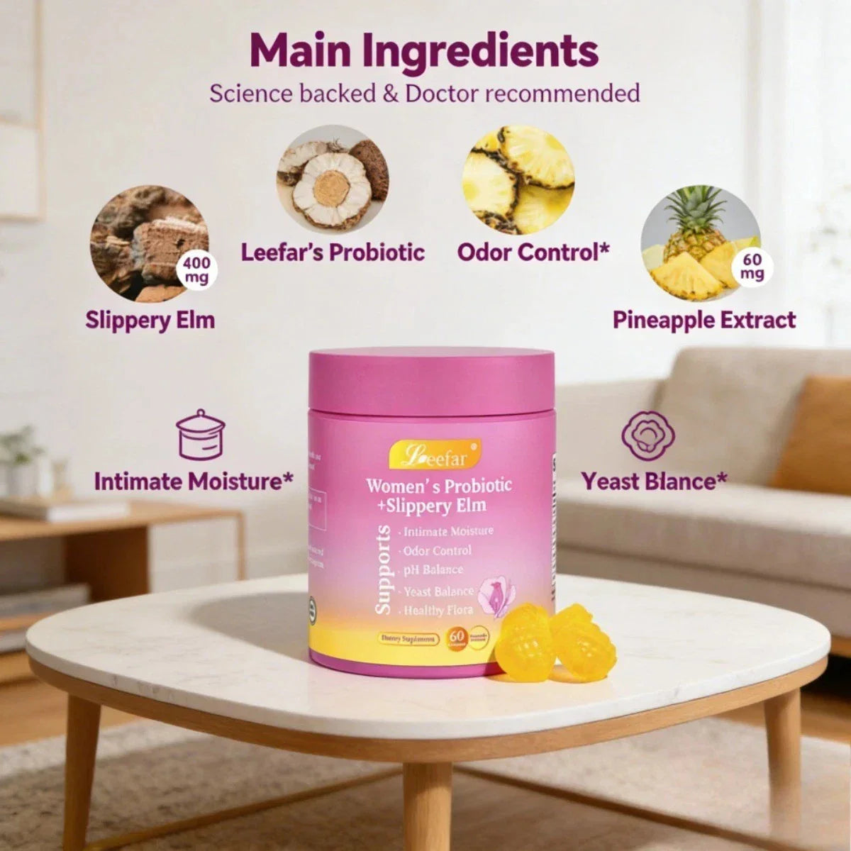 LEEFAR Feminine Probiotics Gummies - Slippery Elm & Prebiotics for pH Balance