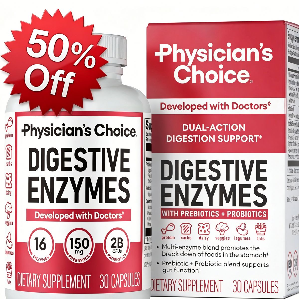 Physician's Choice Digestive Enzymes, Digestive & Gut Health, Bloating & Meal Time Discomfort, Men and Women, 30 Count