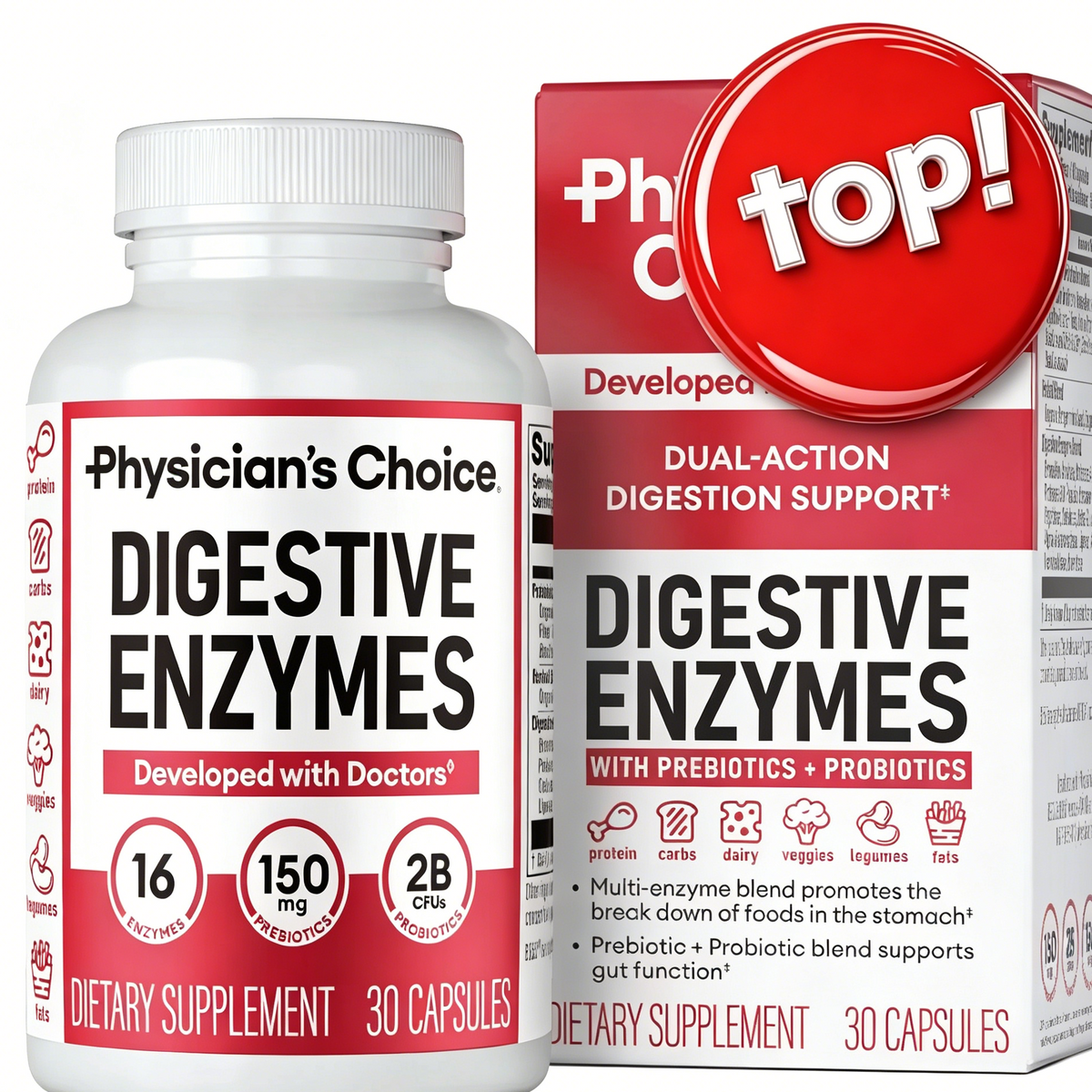Physician's Choice Digestive Enzymes, Digestive & Gut Health, Bloating & Meal Time Discomfort, Men and Women, 30 Count