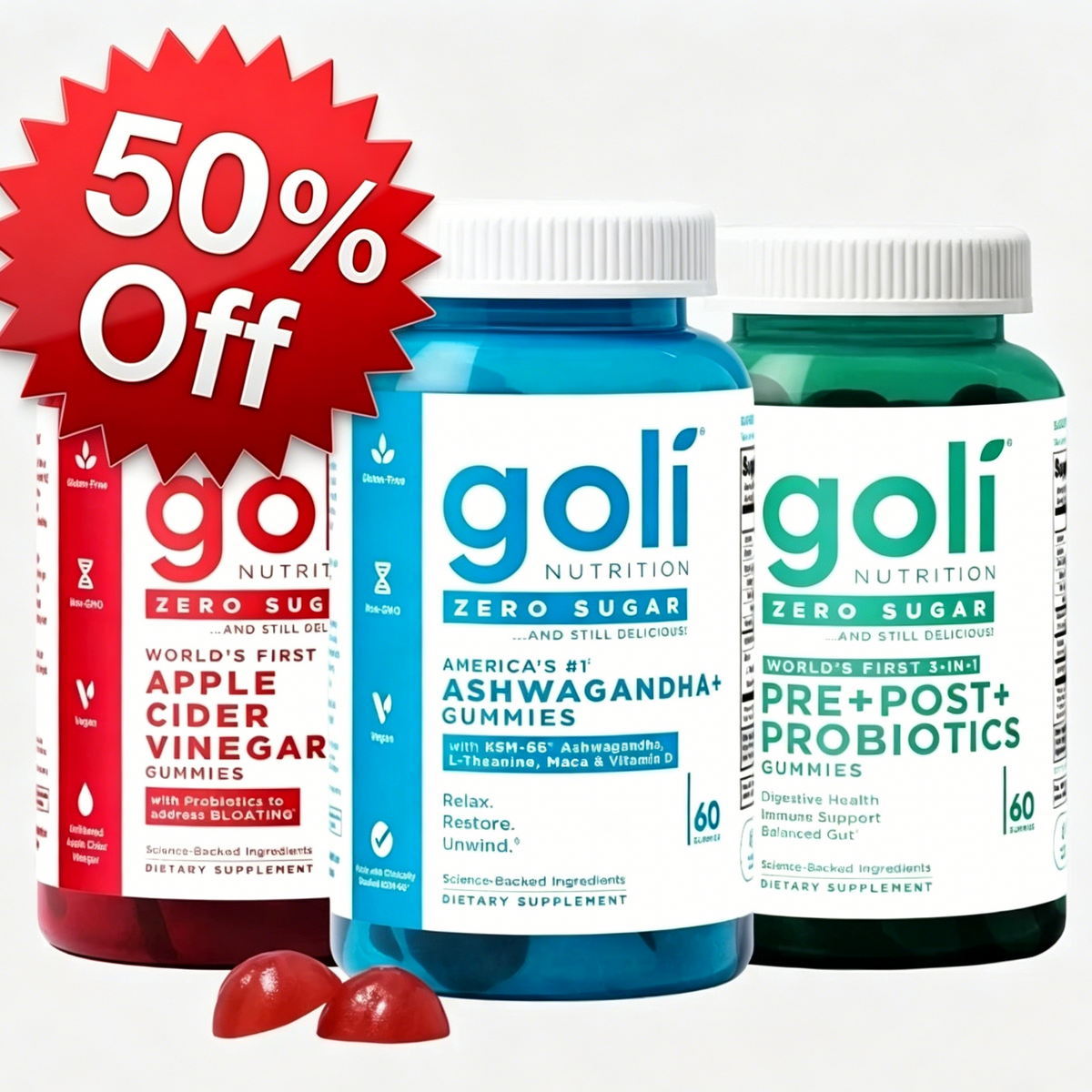 Zero Sugar Best Seller Trio - World's First 3-in-1 Pre, Post, Probiotic, Apple Cider Vinegar with Vitamin B12 and Probiotics To Address Bloating, Ashwagandha & L-Theanine, Vitamin D gummies. Gluten-Free, Vegan, Non-GMO & Gelatin-Free