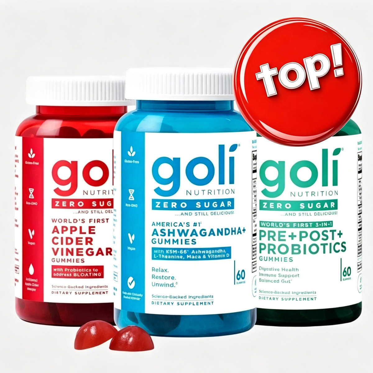 Zero Sugar Best Seller Trio - World's First 3-in-1 Pre, Post, Probiotic, Apple Cider Vinegar with Vitamin B12 and Probiotics To Address Bloating, Ashwagandha & L-Theanine, Vitamin D gummies. Gluten-Free, Vegan, Non-GMO & Gelatin-Free