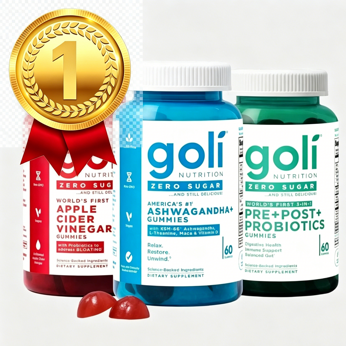 Zero Sugar Best Seller Trio - World's First 3-in-1 Pre, Post, Probiotic, Apple Cider Vinegar with Vitamin B12 and Probiotics To Address Bloating, Ashwagandha & L-Theanine, Vitamin D gummies. Gluten-Free, Vegan, Non-GMO & Gelatin-Free