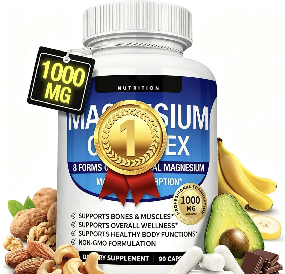 Magnesium Complex Supplement 8 Elemental 1000mg - Magnesium Glycinate, Citrate, Malate, Taurate, Chelated for Easy Absorption for Bones, Muscle, Recovery, Energy, Vegan Non-GMO 90 Capsules