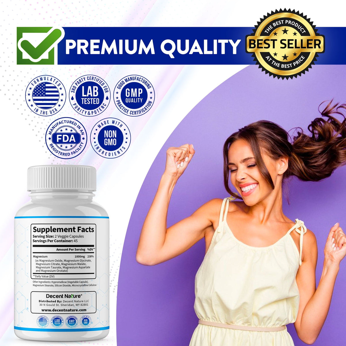 Decent Nature Magnesium Complex with Elemental Magnesium Supplement 1000mg 90 Capsules
