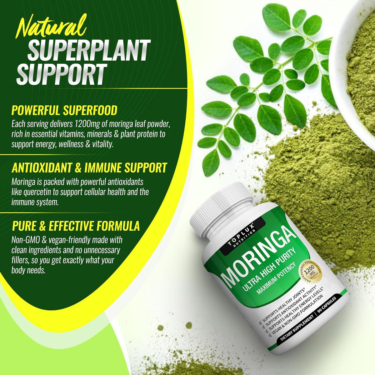 Moringa Capsules 1200mg – Pure Oleifera Leaf Superfood for Immune & Skin Health | Vegan, Non-GMO | 90 Capsules-Shop