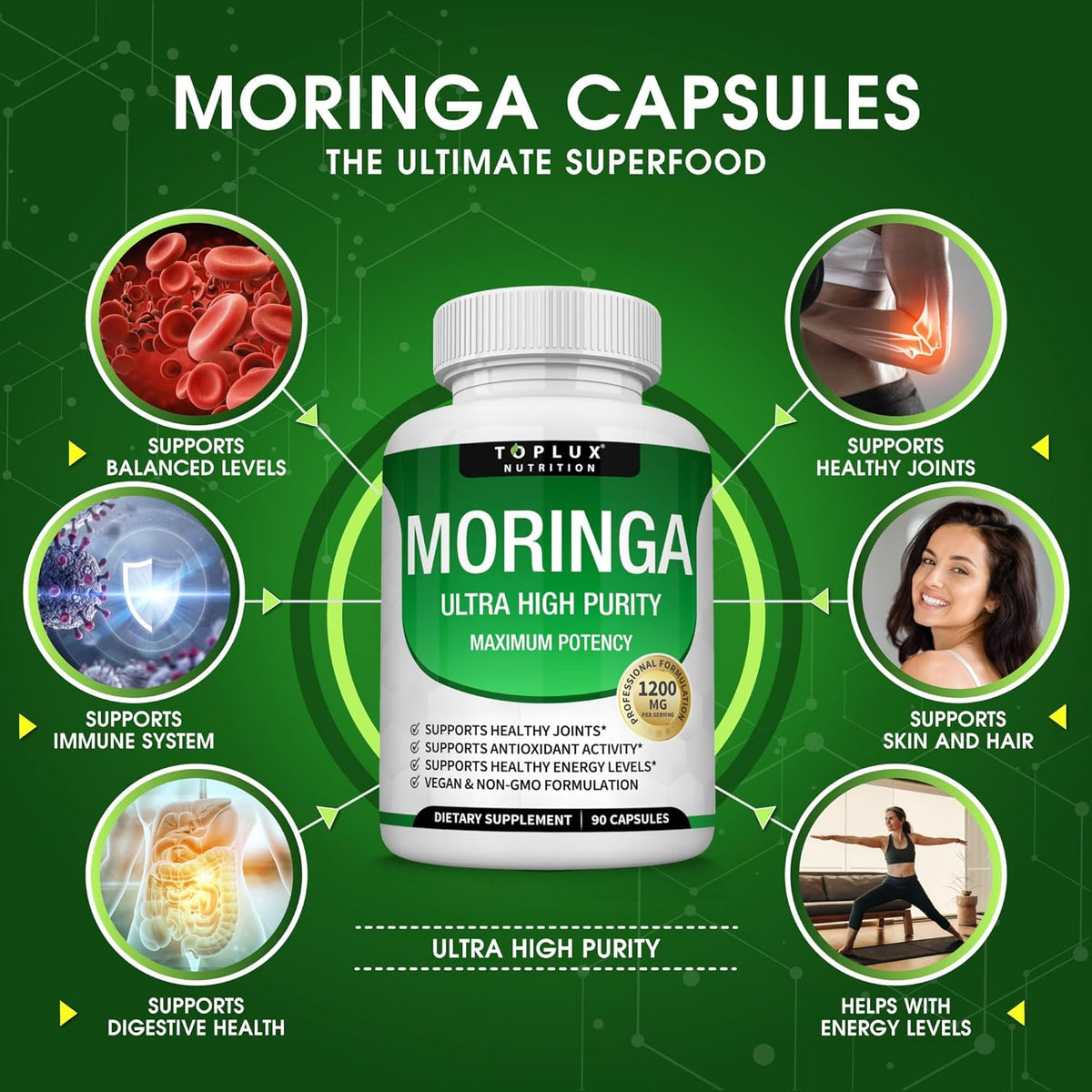 Moringa Capsules 1200mg – Pure Oleifera Leaf Superfood for Immune & Skin Health | Vegan, Non-GMO | 90 Capsules-Shop