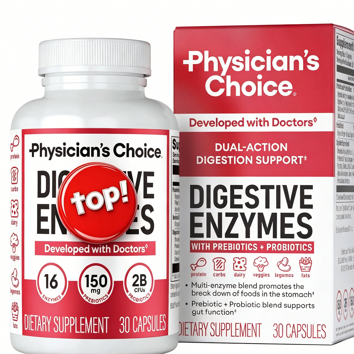 Physician's Choice Digestive Enzymes, Digestive & Gut Health, Bloating & Meal Time Discomfort, Men and Women, 30 Count