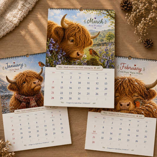 2027 Highland Cow & Robin Wall Calendar | Cozy British Countryside Calendar with Gentle Monthly Stories | A4 Gift for Animal Lovers