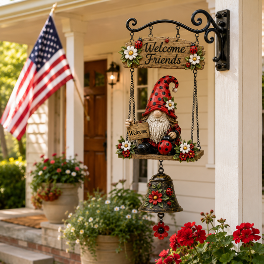 Ladybug Gnome Welcome Hanging Bell Decor – Rustic Porch & Garden Wall Ornament