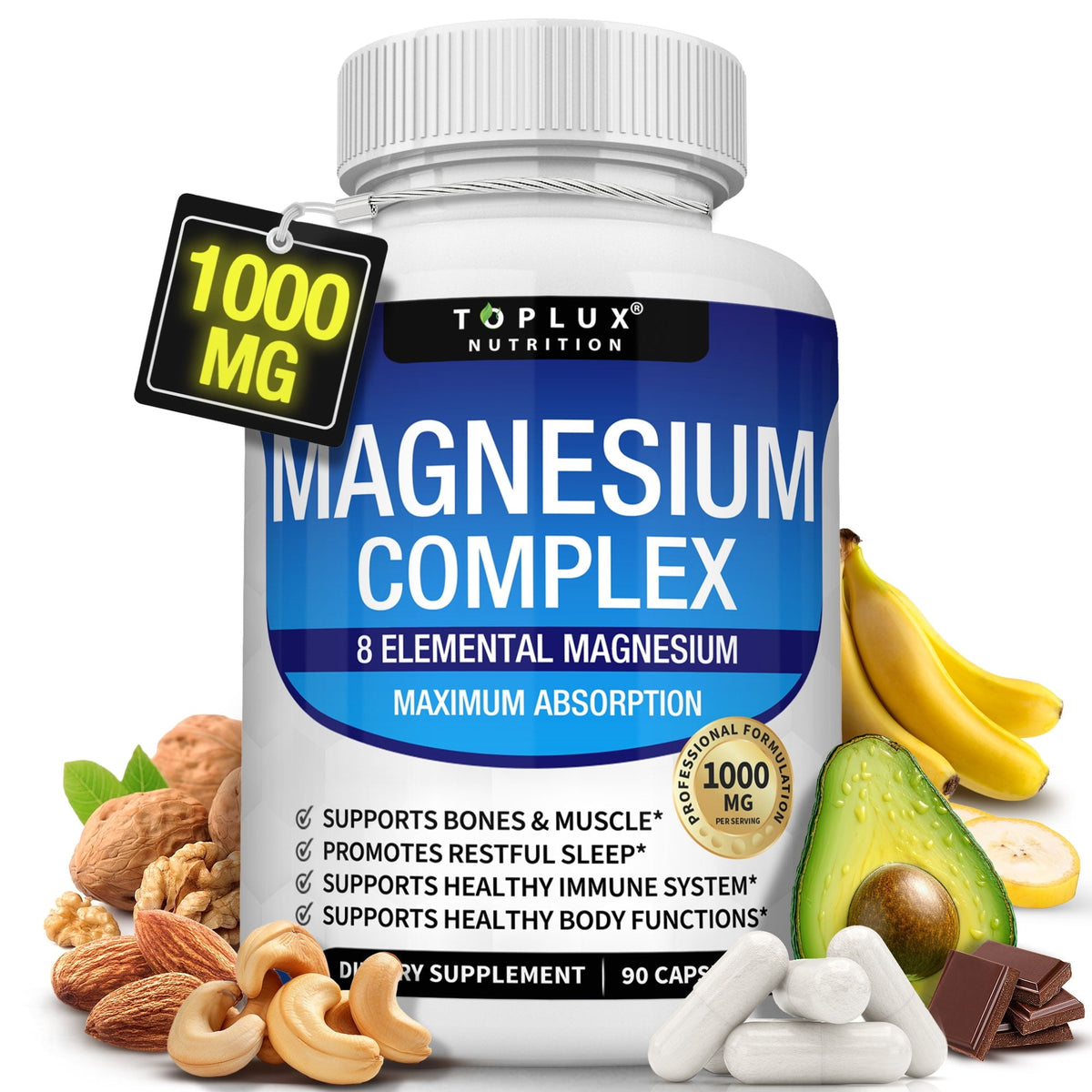 Magnesium Complex Supplement 8 Elemental 1000mg - Magnesium Glycinate, Citrate, Malate, Taurate, Chelated for Easy Absorption for Bones, Muscle, Recovery, Energy, Vegan Non-GMO 90 Capsules