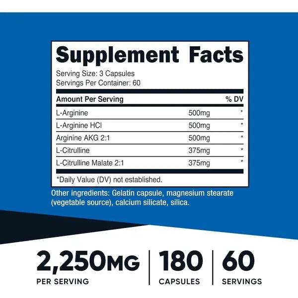 Nutricost Nitric Oxide Booster 2250mg, 180 Capsules - 750mg Per Casule, 60 Servings - Gluten Free and Non-GMO
