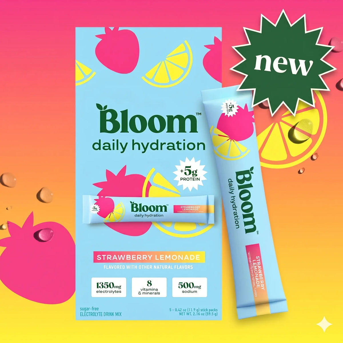 New - Bloom Nutrition Daily Hydration Sticks - 1350mg Electrolytes, 5g Clear Whey Protein & Collagen, 8 Key Vitamins, Sugar-Free Drink Mix for Hydration, Recovery & Skin Health