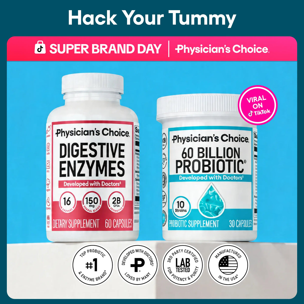Physician's Choice Hack your Tummy Bundle: Bloating, Digestion & Immune Support for Men & Women with Digestive Enzymes & 60 Billion Probiotic