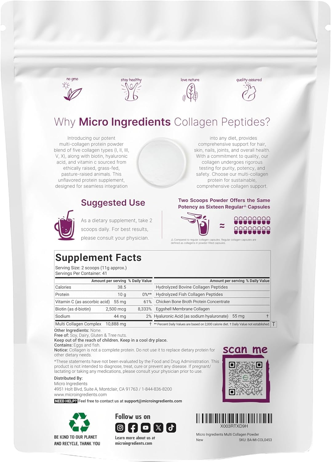 Micro Ingredients Multi Collagen Protein Powder, 2lb | Type I,II,III,V,X with Biotin, Hyaluronic Acid, Vitamin C - Unflavored Collagen Peptides
