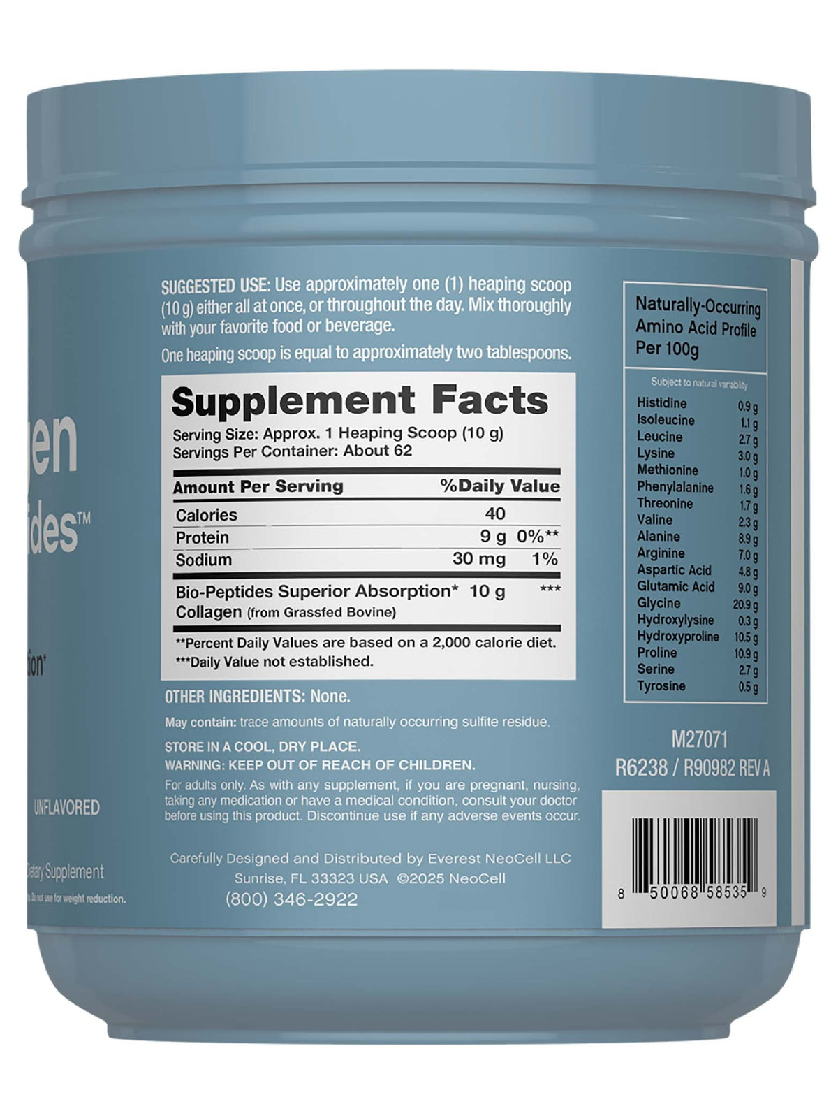 Collagen Bio-Peptides Powder | 22oz | Super Hair, Skin, Nails | Grassfed Protein Supplement | by NeoCell