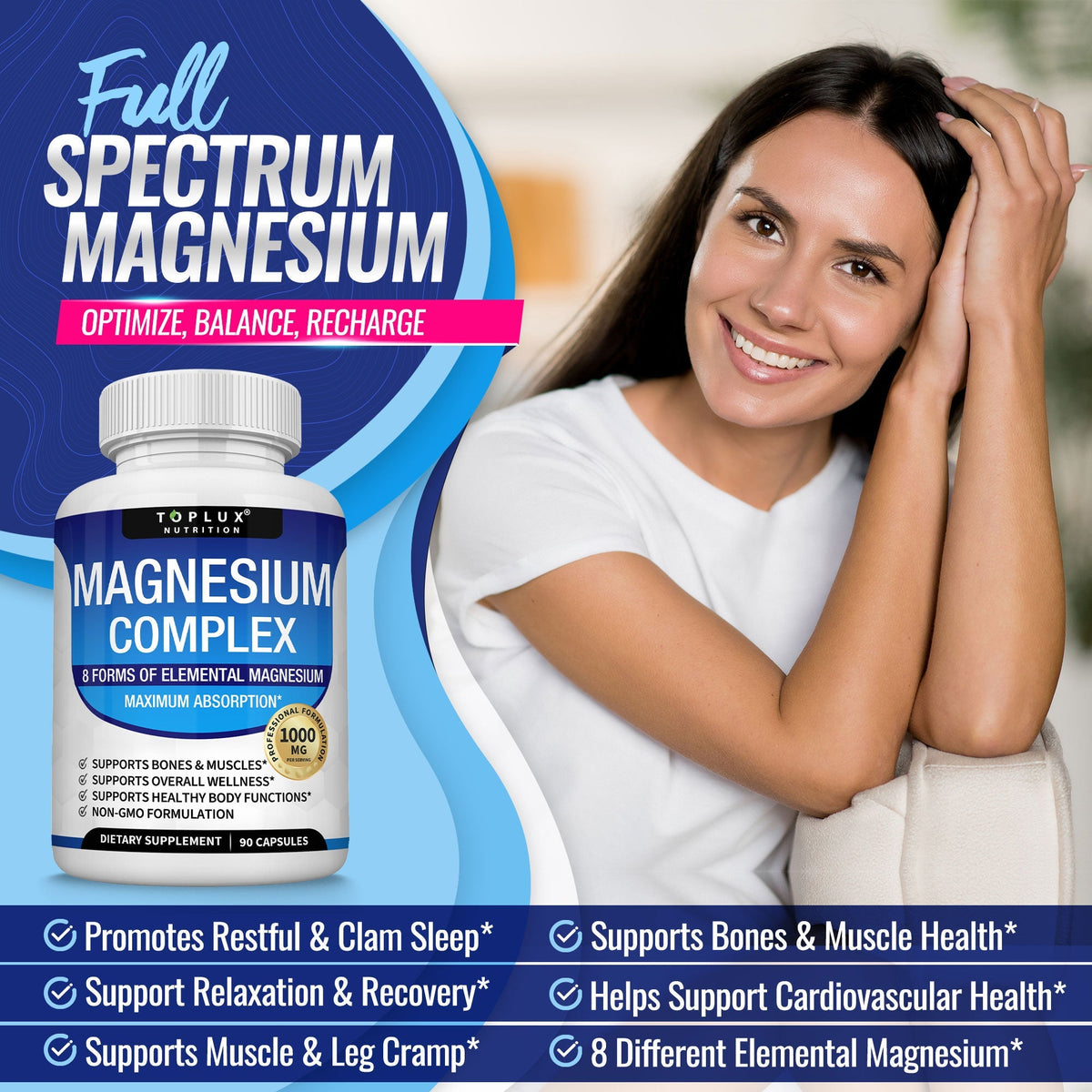 Toplux Magnesium Complex 8 Elemental Magnesium Supplement 1000mg Glycinate, Citrate, Malate, Taurate