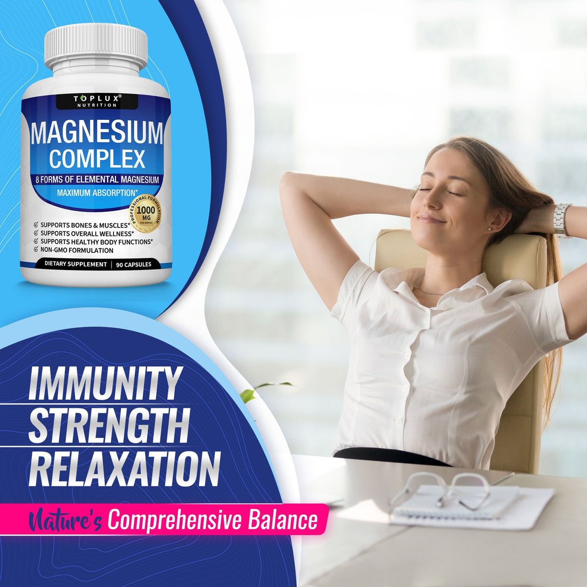 Toplux Magnesium Complex 8 Elemental Magnesium Supplement 1000mg Glycinate, Citrate, Malate, Taurate