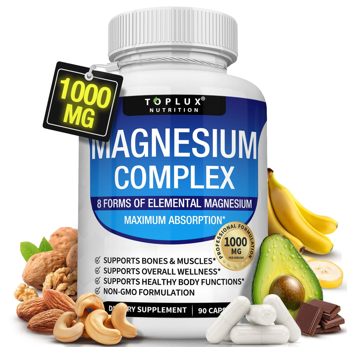 Toplux Magnesium Complex 8 Elemental Magnesium Supplement 1000mg Glycinate, Citrate, Malate, Taurate