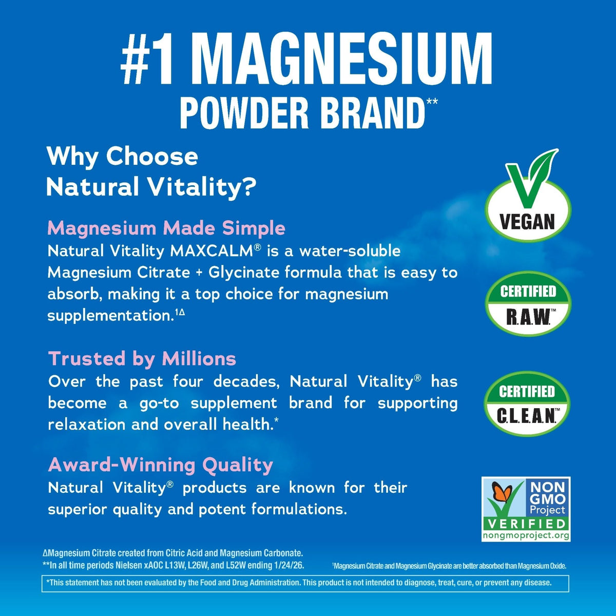 Calm Magnesium Powder | Raspberry Lemon Flavor | 16 oz | by Natural Vitality