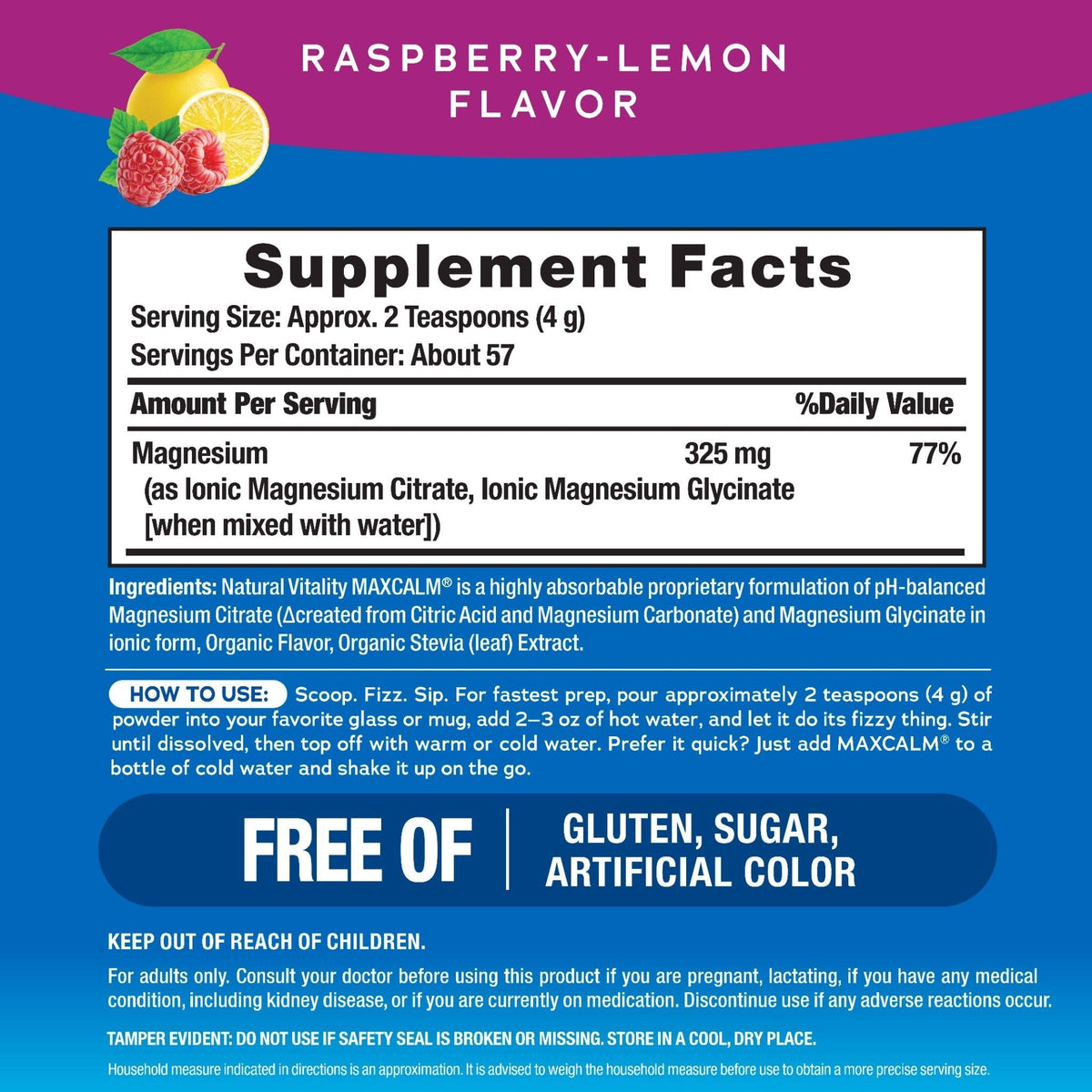 Calm Magnesium Powder | Raspberry Lemon Flavor | 16 oz | by Natural Vitality