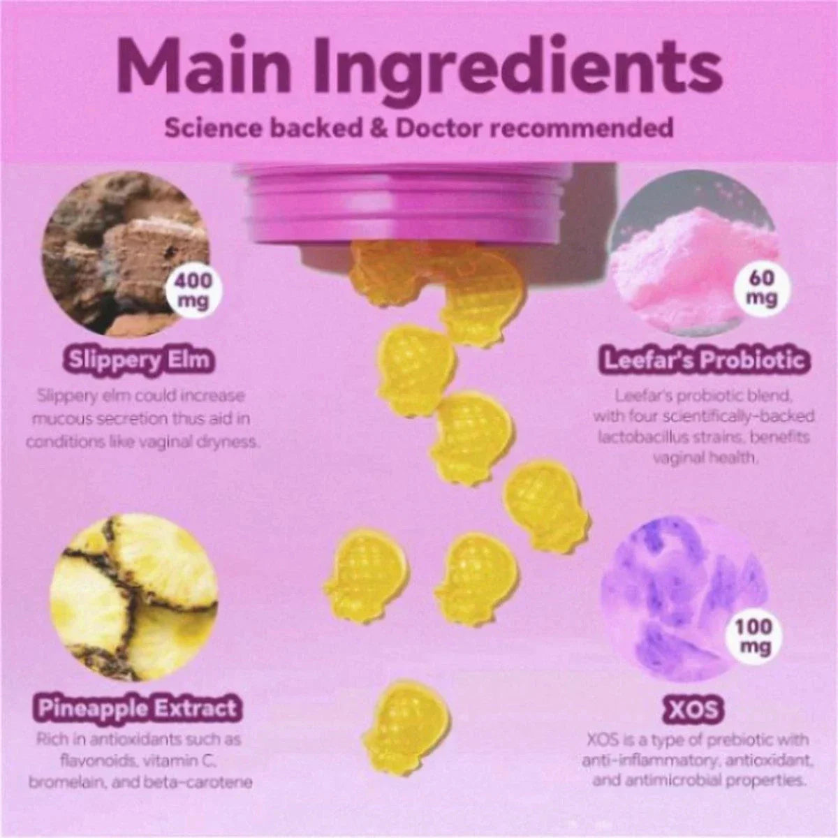 LEEFAR Feminine Probiotics Gummies - Slippery Elm & Prebiotics for pH Balance