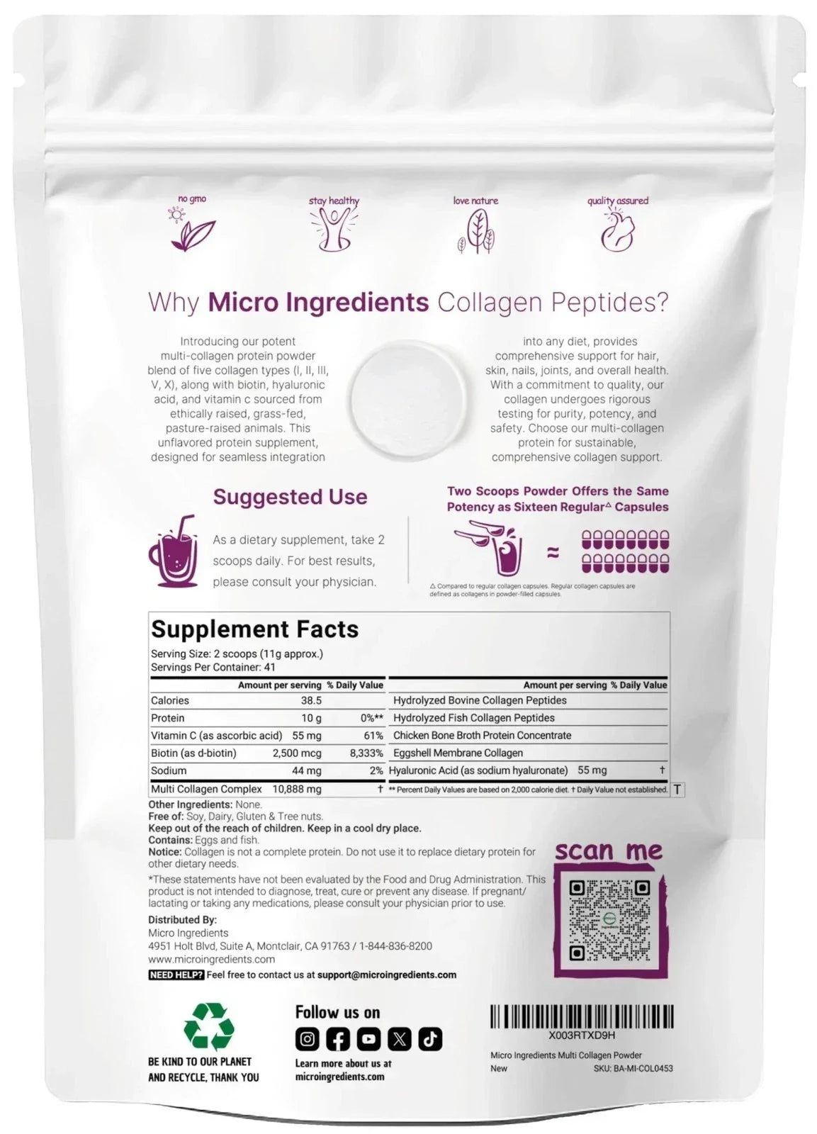 Micro Ingredients Multi Collagen Peptides Powder 16oz - Type I II III V X Unflav
