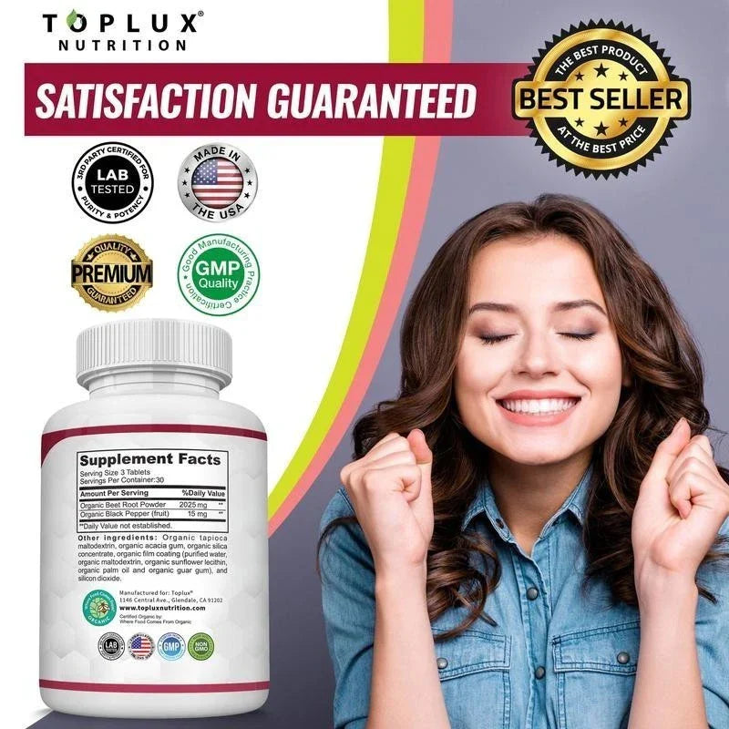 '-TopLux Organic Beet Root 2040mg –90Tablets – Energy, Circulation & Antioxidant-