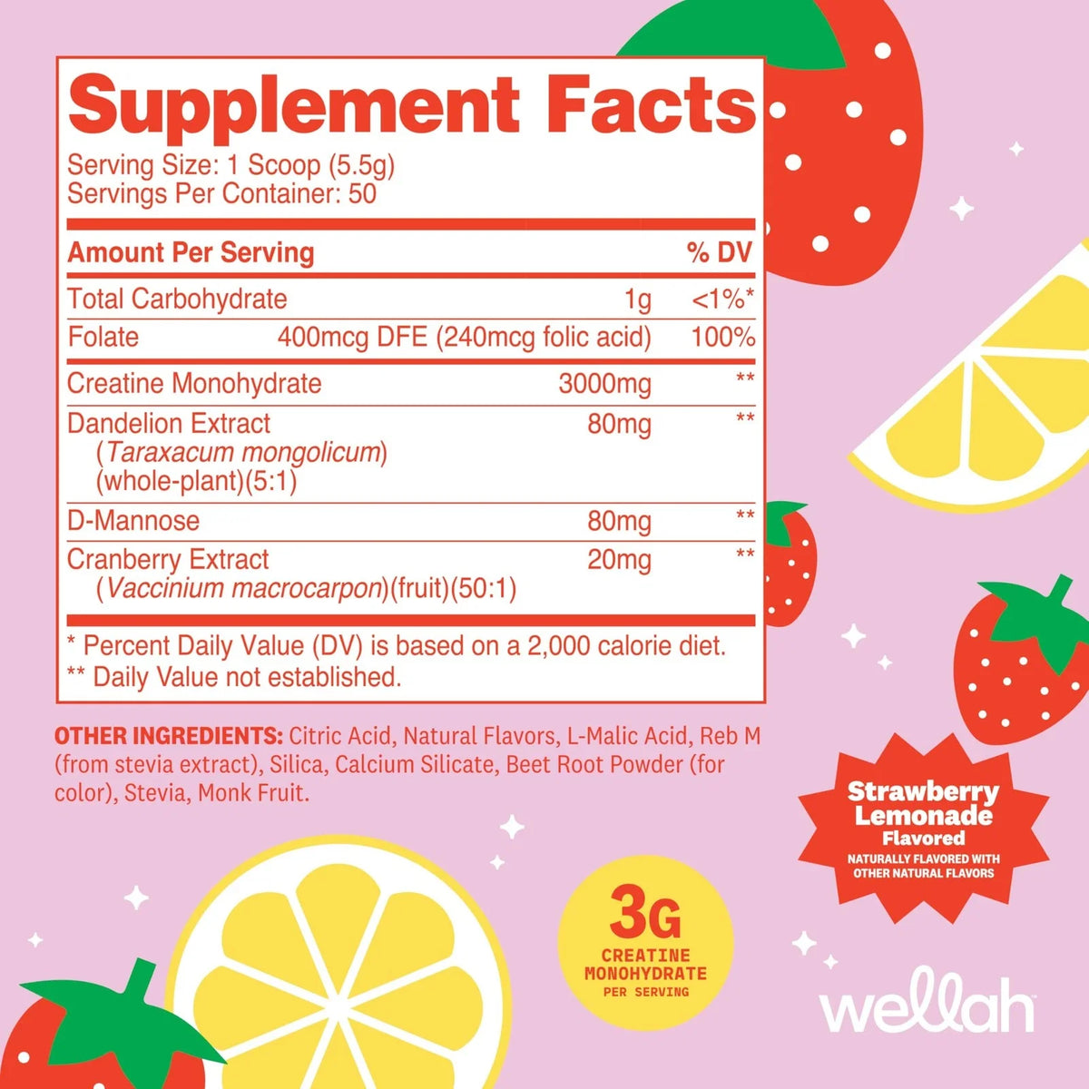 Wellah Creatine for Women 50 Servings, Strawberry Lemonade - Creatine