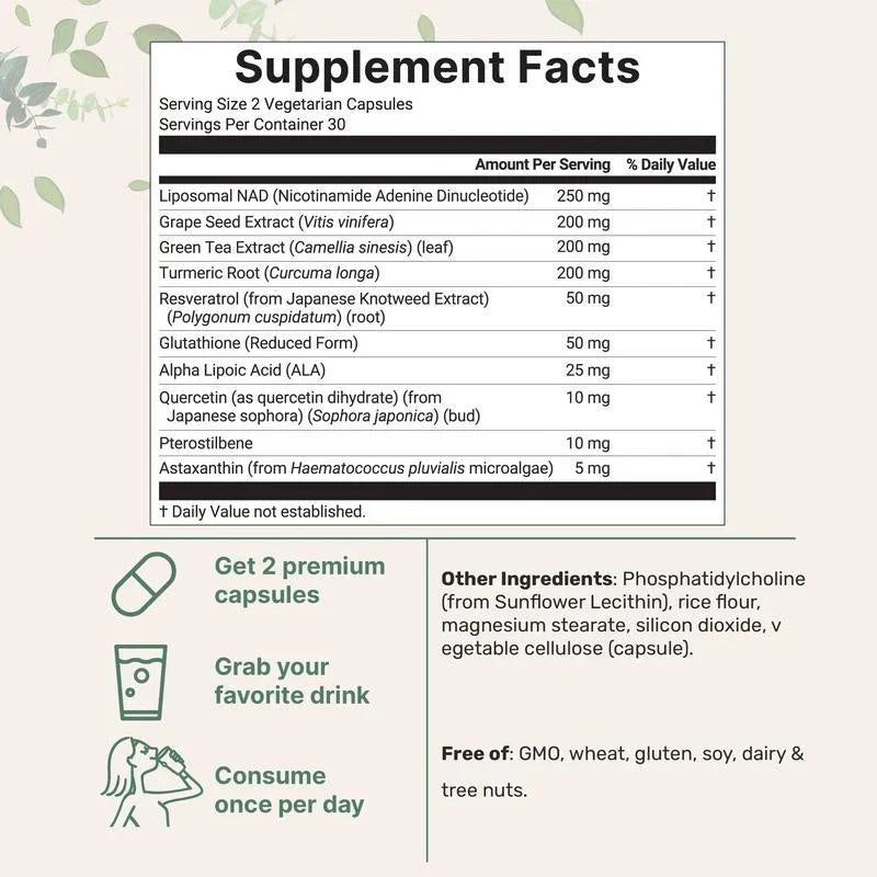 NAD+ Supplement with Glutathione, Resveratrol, Astaxanthin – 10-in-1 Formula