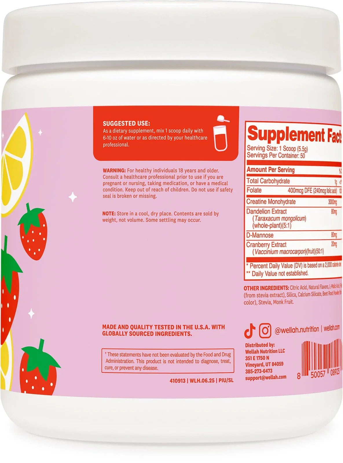 Wellah Creatine for Women 50 Servings, Strawberry Lemonade - Creatine