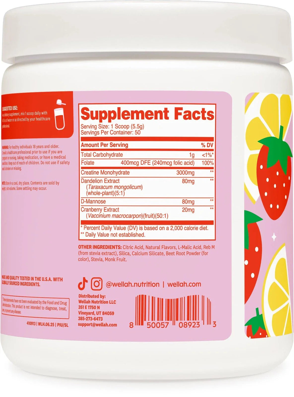 Wellah Creatine for Women 50 Servings, Strawberry Lemonade - Creatine