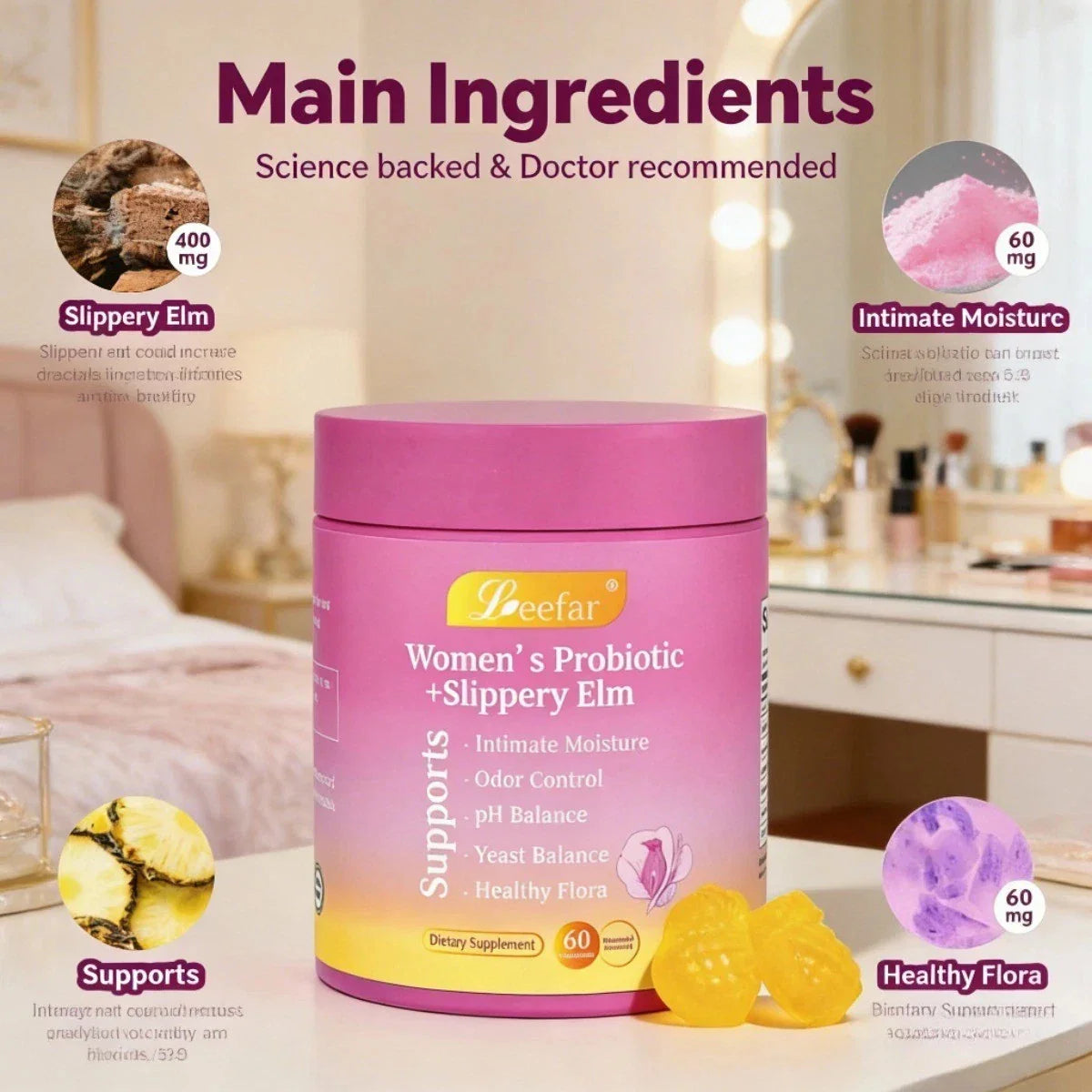 LEEFAR Feminine Probiotics Gummies - Slippery Elm & Prebiotics for pH Balance