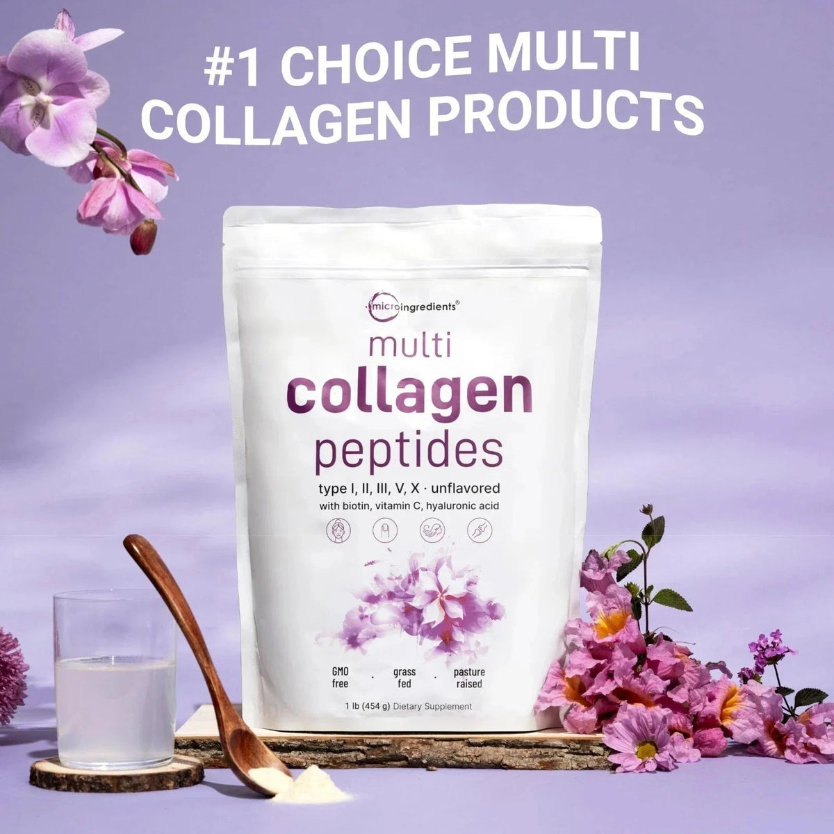 Micro Ingredients Multi Collagen Peptides Powder 16oz - Type I II III V X Unflav