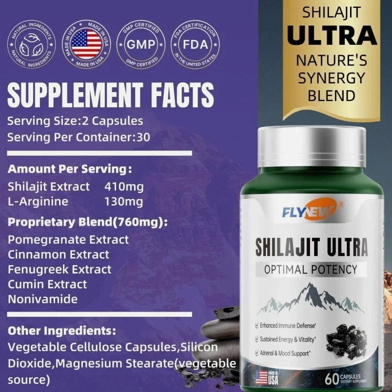Flynew with L-Arginine, Shilajit Extract Shilajit Ultra Optimal Potency, Pure